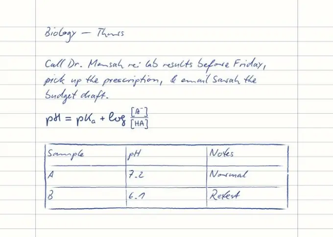 Handwritten biology lab notes with equations and a table